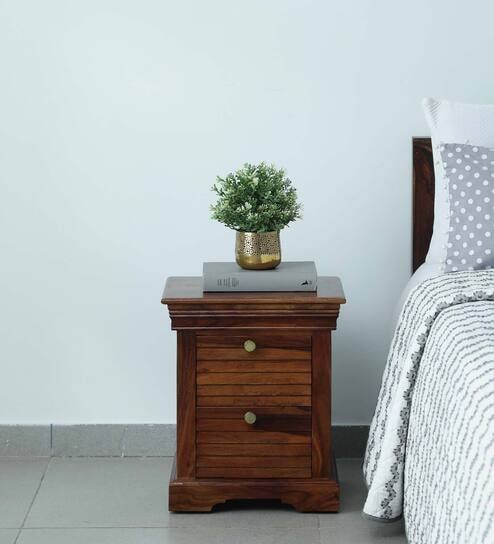 Carleson Sheesham Wood Bedside Table In Provincial Teak Finish With Drawers
