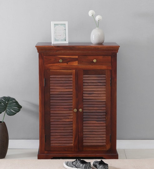 Carleson Sheesham Wood Shoe Cabinet In Honey Oak Finish