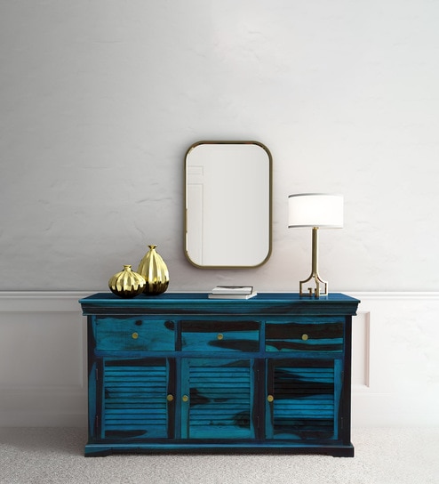 Carleson Sheesham Wood Sideboard In Scratch Resistant Ocean Blue Finish