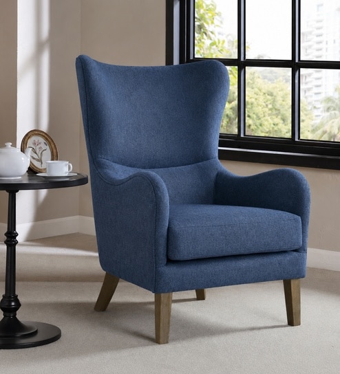 Carolina Walnut Finish Boucle fabric Wing Chair In Blue Colour
