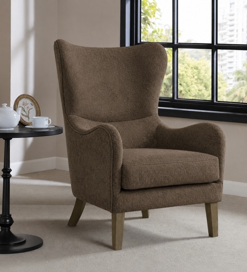 Carolina Walnut Finish Boucle fabric Wing Chair In Brown Colour
