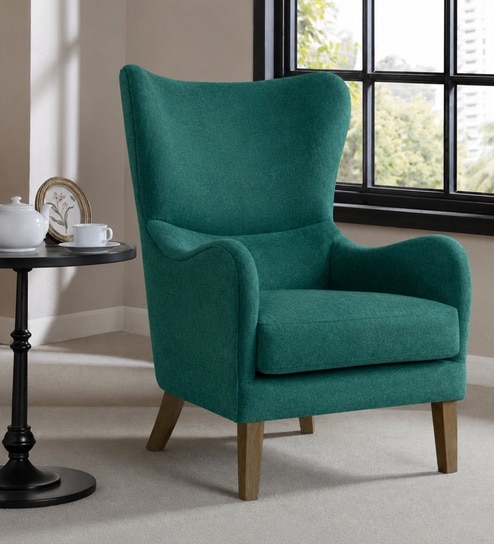 Carolina Walnut Finish Boucle fabric Wing Chair In Green Colour