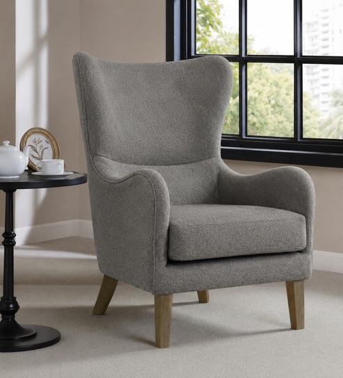 Carolina Walnut Finish Boucle fabric Wing Chair In Grey Colour
