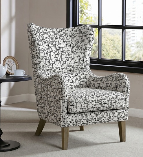 Carolina Walnut Finish Printed Canvas Geometry  Wing Chair In White Colour