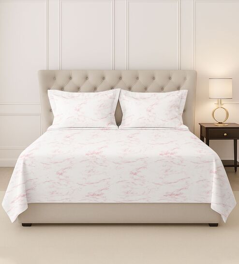 Carrara Marble Lt Pink Printed 400 TC Cotton Super King Sized Bedsheet with 2 Pillow Covers