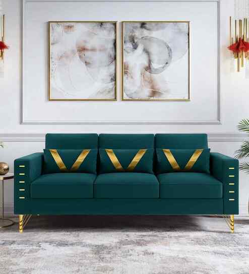 Carson Velvet Fabric 3 Seater Sofa In Teal Green Color