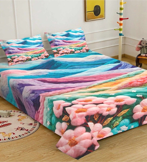 Cartoon Characters 7D King Size Cotton Blend Double Bedsheet with 2 Pillow Covers