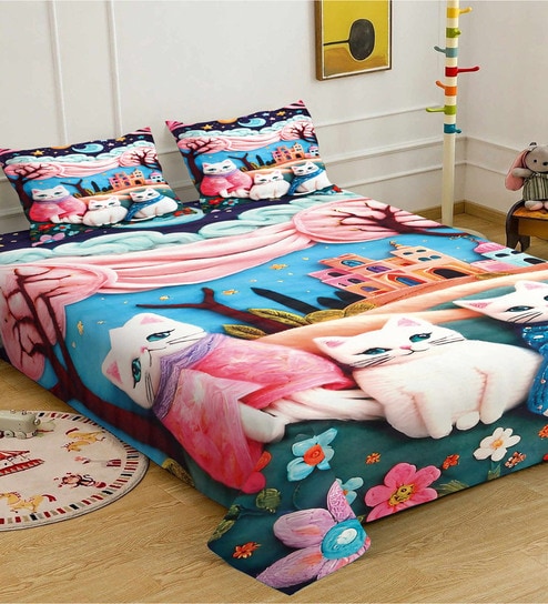 Cartoon Characters 7D King Size Cotton Blend Double Bedsheet with 2 Pillow Covers