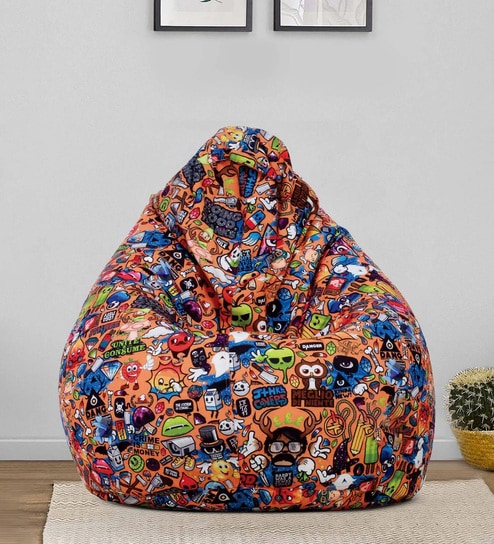 Cartoon Print XXXL Fabric Bean Bag with Beans in Orange Colour