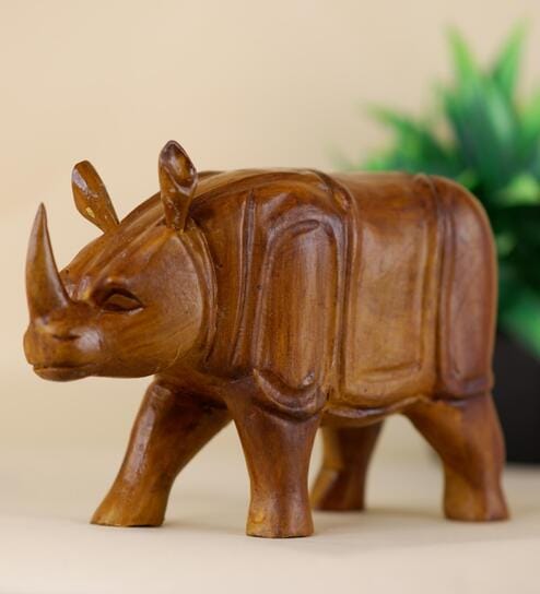 Carved Rhino Brown Solid Wood Showpiece