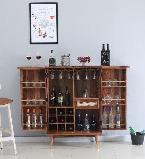 Caserta Sheesham Wood Bar Cabinet In Rustic Teak Finish