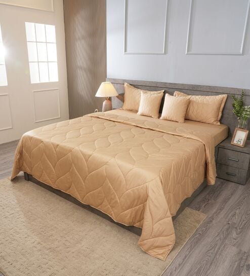 Cashmere Beige 300TC 100% Cotton Solid & Quilted Double Bedding Set