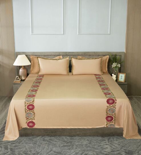 Cashmere Beige 300TC 100% Cotton Solids Flat Embroidered Super King Bedsheet With 2 Pillow Covers
