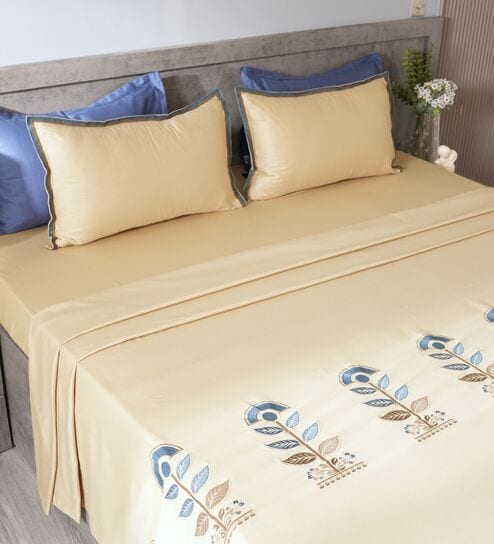Cashmere Beige 300TC 100% Cotton Solid Flat Embroidered Super King Bedsheet With 2 Pillow Covers