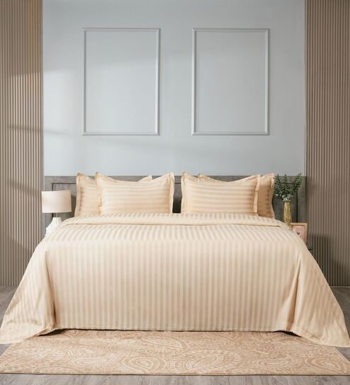 Beige 300TC 100% Cotton Stripe Flat Super King Bedsheet with 2 Pillow Covers
