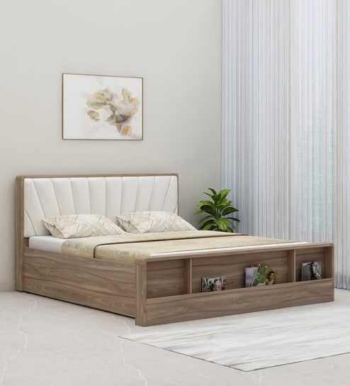 Cassandra Queen Size Upholstered Bed in Bella Noce & Glossy White Colour with Hydraulic Storage