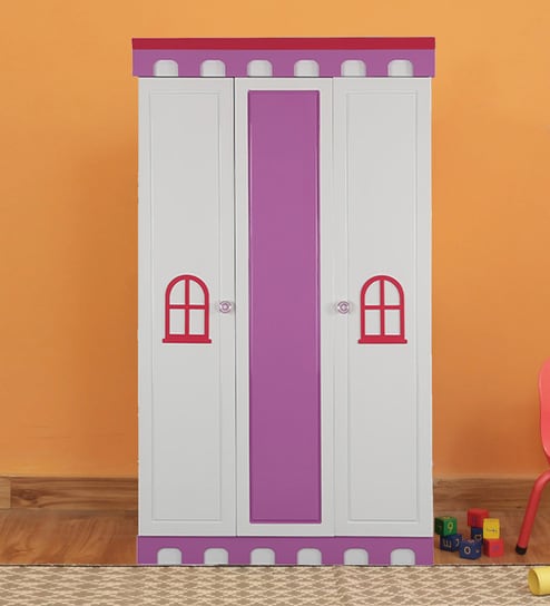 Buy Castle Three Door Wardrobe In Glossy White Pink Finish By