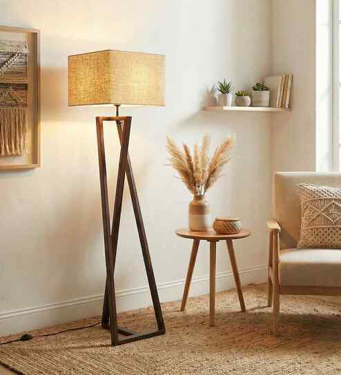 Catapult Wooden Floor Lamp with Jute Shade & Brown Base