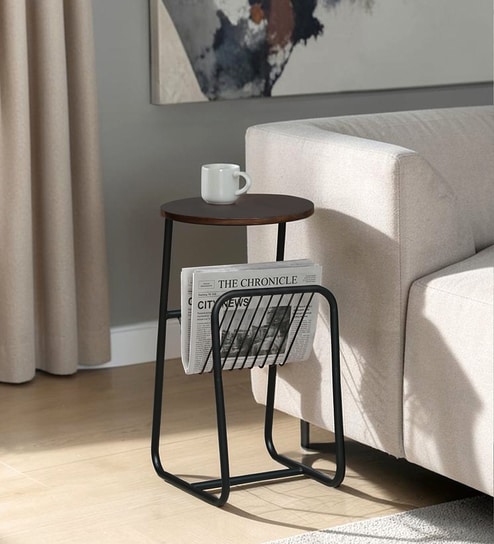 Cavos Metal End Table In Black Finish With Magazine Stand
