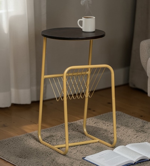 Cavos Metal End Table In Gold Finish With Magazine Stand