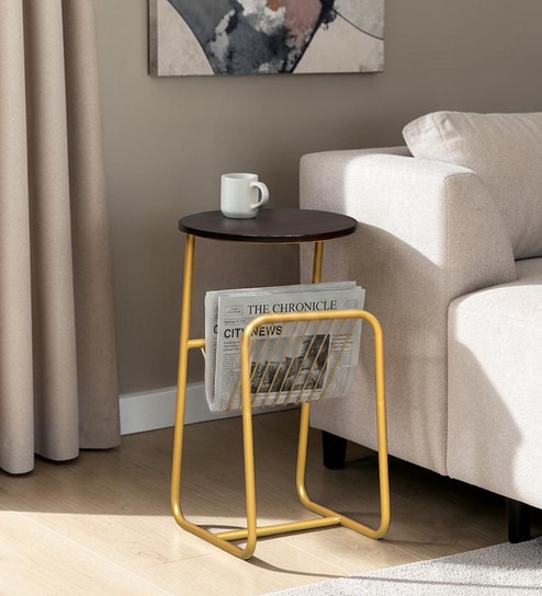 Cavos Metal End Table In Gold Finish With Magazine Stand