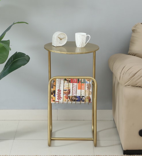 Cavos Metal End Table In Gold Finish With Magazine Stand