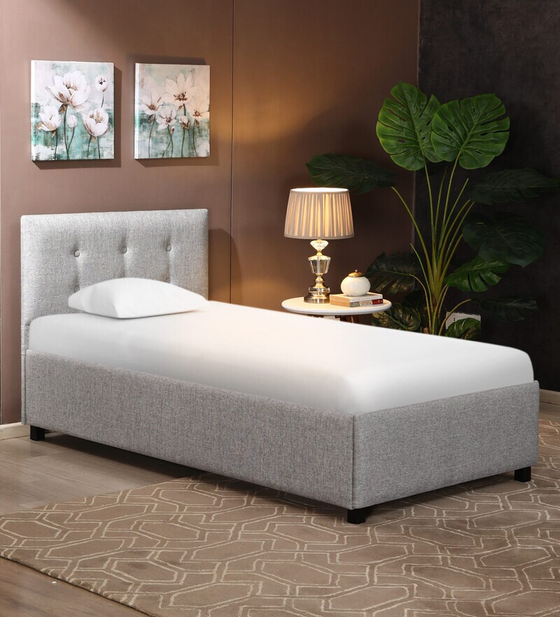 Buy Cambridge Upholstered Single Bed With Box Storage In Grey Colour by CasaCraft Online
