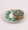Green Metal Mirror Tray with Tea Light Holder with Kundan