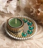 Green Metal Mirror Tray with Tea Light Holder with Kundan