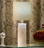 Carved (Way Beige Fabric Shade Table Led Lamp with White Base)