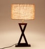 Corner Beige Natural Fiber Shade Night Lamp With Mango wood Base