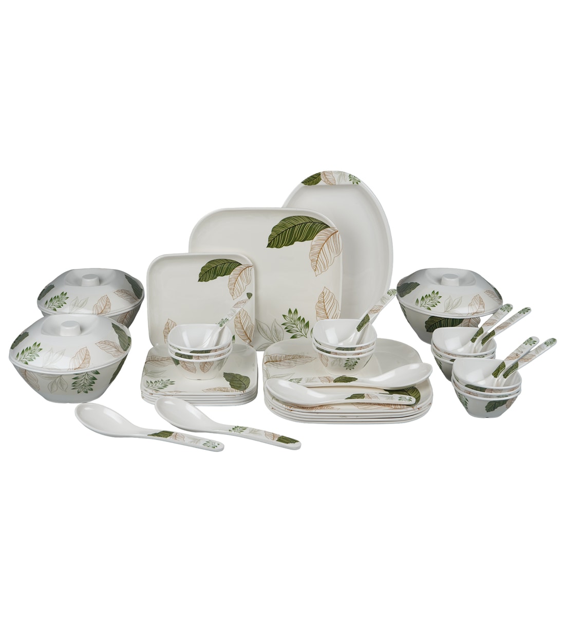 Buy White Square Shaped Green Floral Melamine 41 Pcs Dinner Set at
