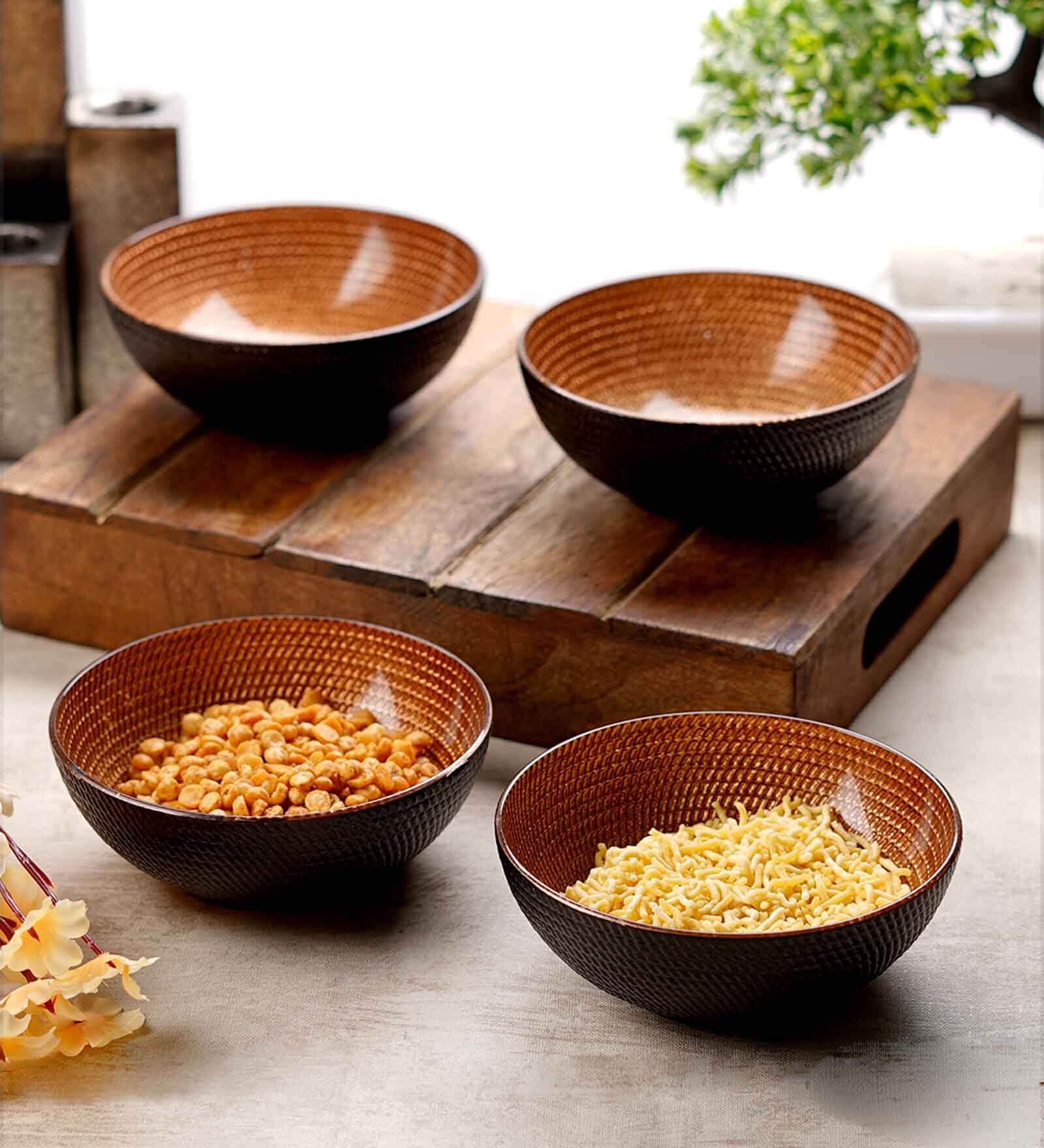 Black 300 ML Glass Textured 4 Pcs Serving Bowls