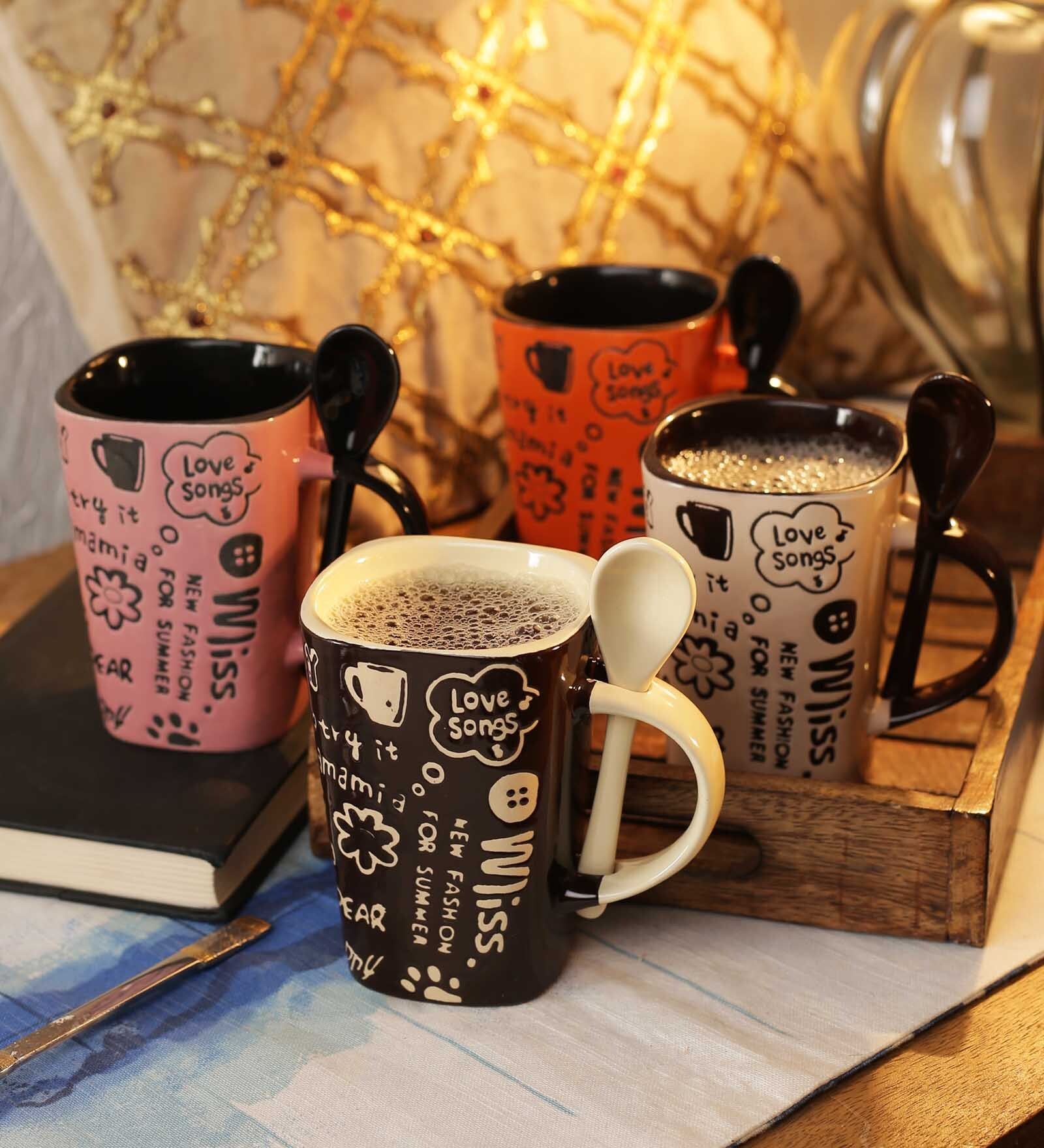 Classic 250ml Multicolor Ceramic (Set of 4) Coffee Mug with Spoon