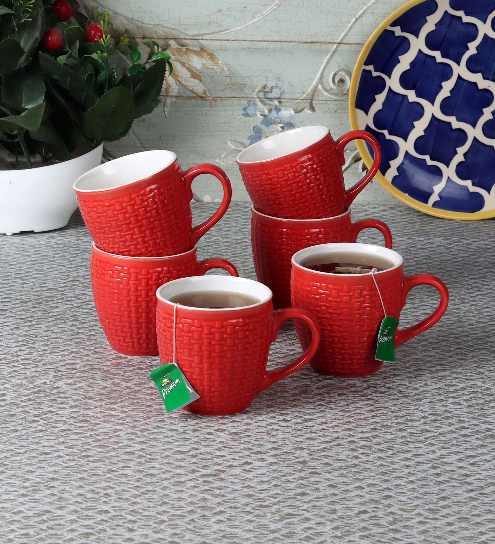 Buy 150 ML Red Ceramic 6 Pcs Tea Cups With Tray at 67% OFF by Cdi ...