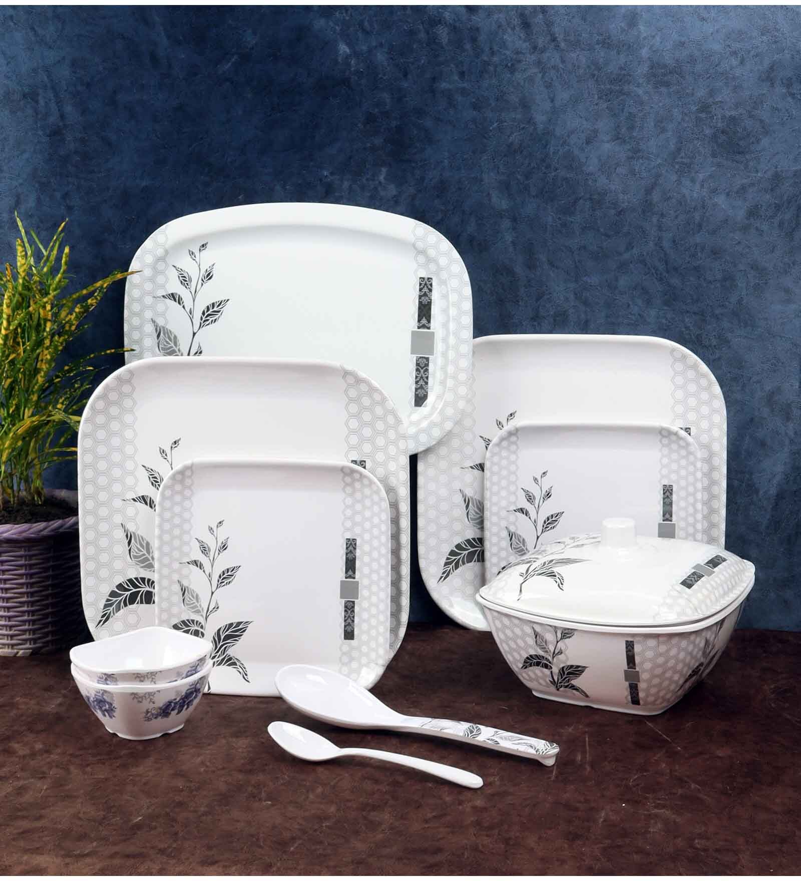 White & Black Square Shaped  Floral Double Coated Melamine  40 Pcs Dinner Set