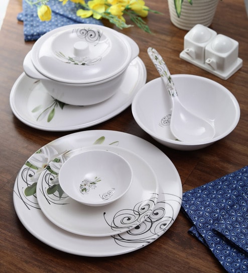 Flora 33 Pcs White & Grey Melamine Dinnerware Set