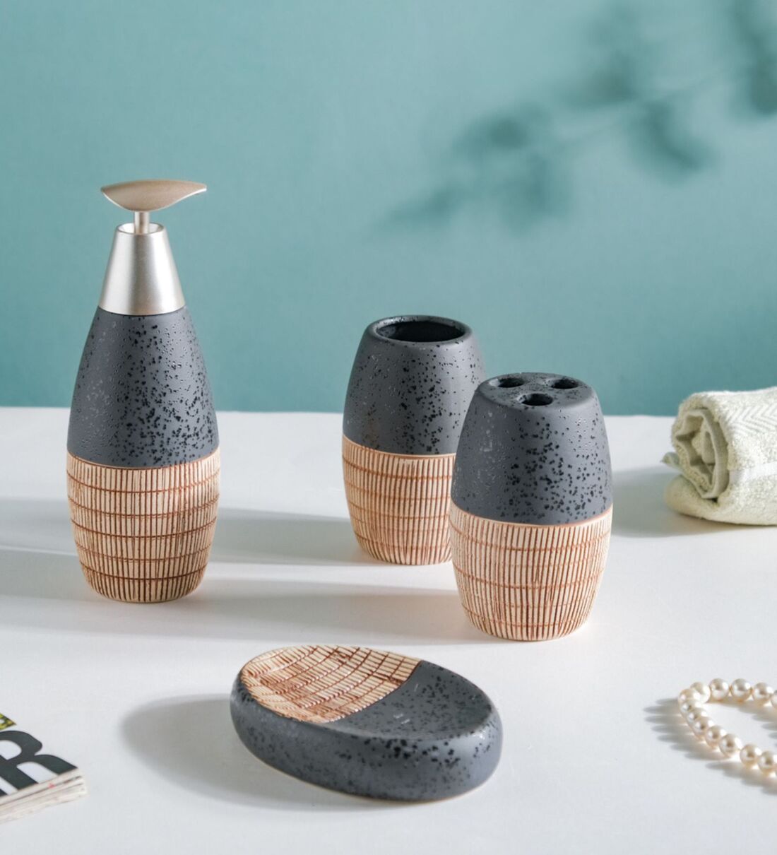 Buy Celestria Black Ceramic Stoneware Bathroom Accessory Set (Pack of 4