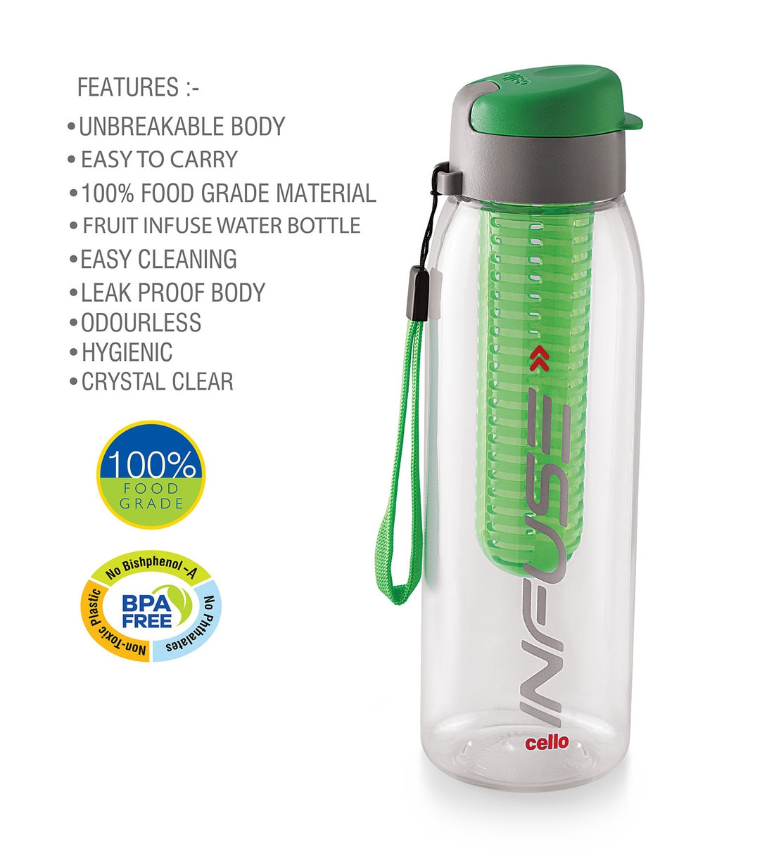 Buy Cello Infuse BPAFree LeakPoof Green Infuser Bottle, 800 ML Online