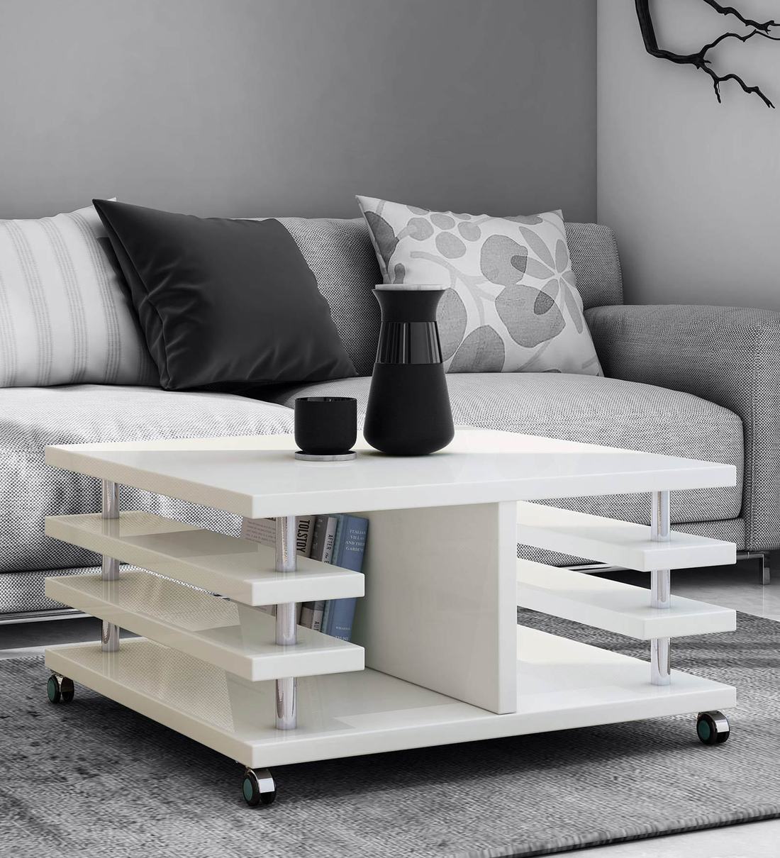 Buy Movable Coffee Table In Frosty White Finish By Crystal