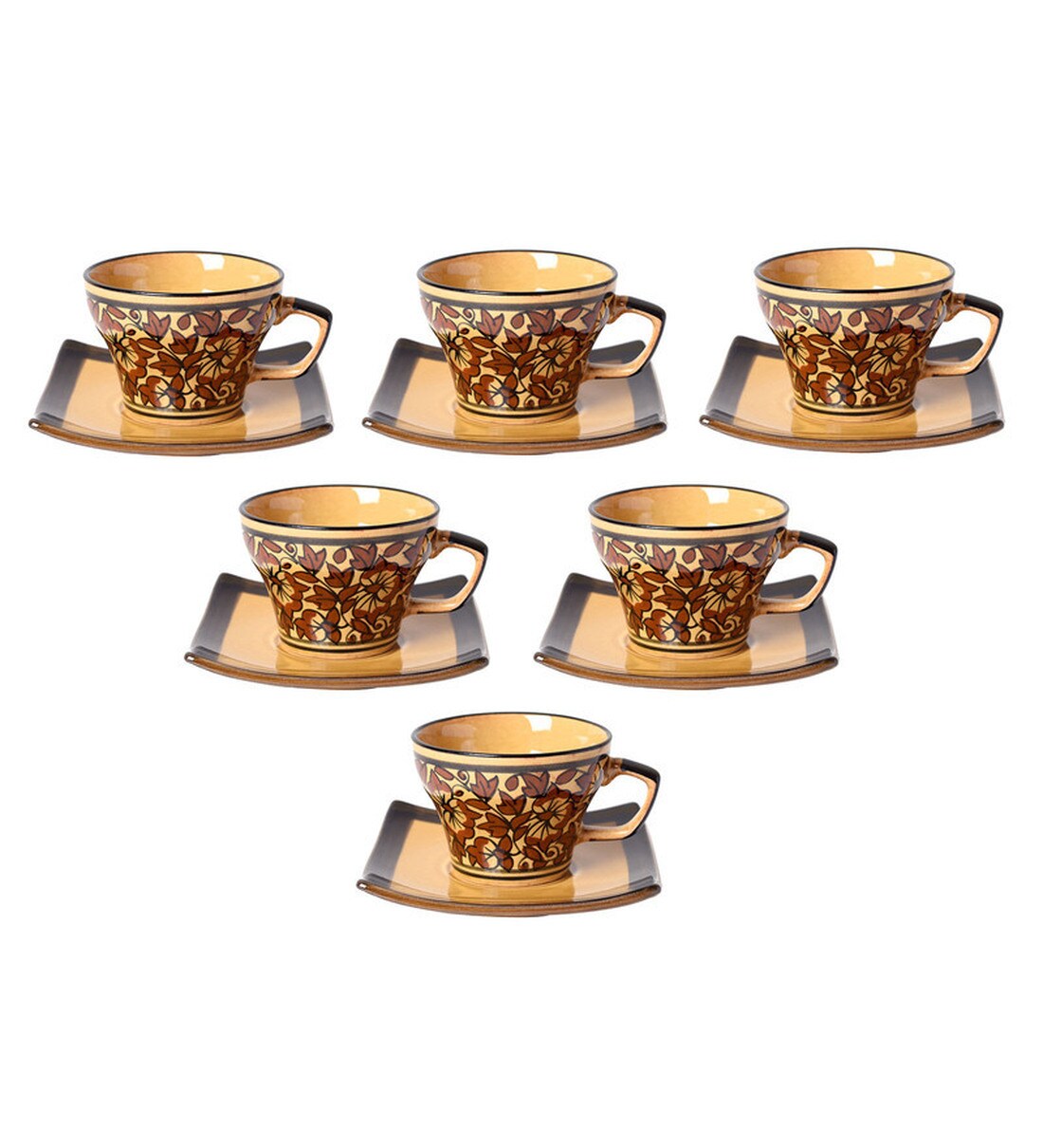 Buy 150 ML Brown Ceramic Cups & Saucers Set of 6 by Unravel India