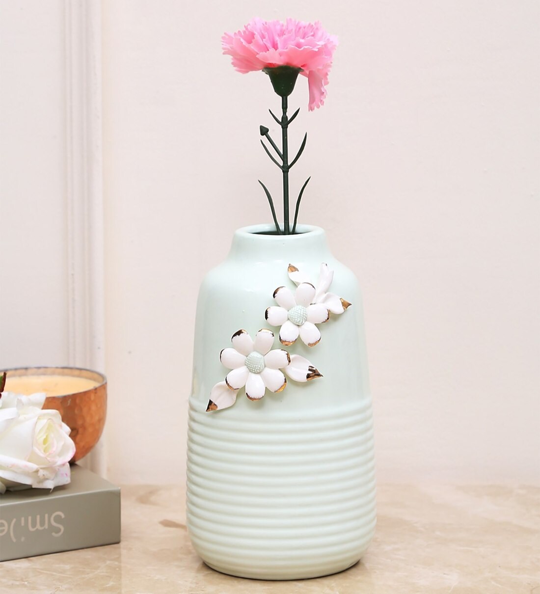 Buy Ceramic White Flower Vase by Aapno Rajasthan Online Modern and