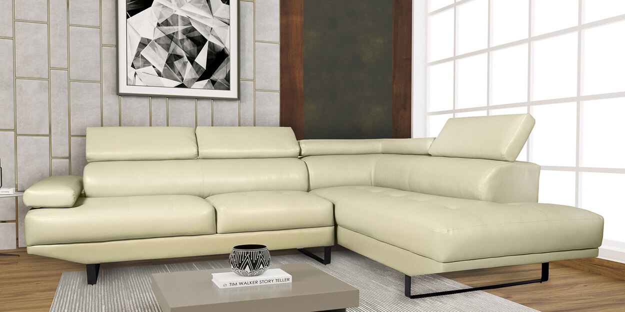 Celez Leatherette LHS Sectional Sofa (3+ Lounger) in Cream Colour