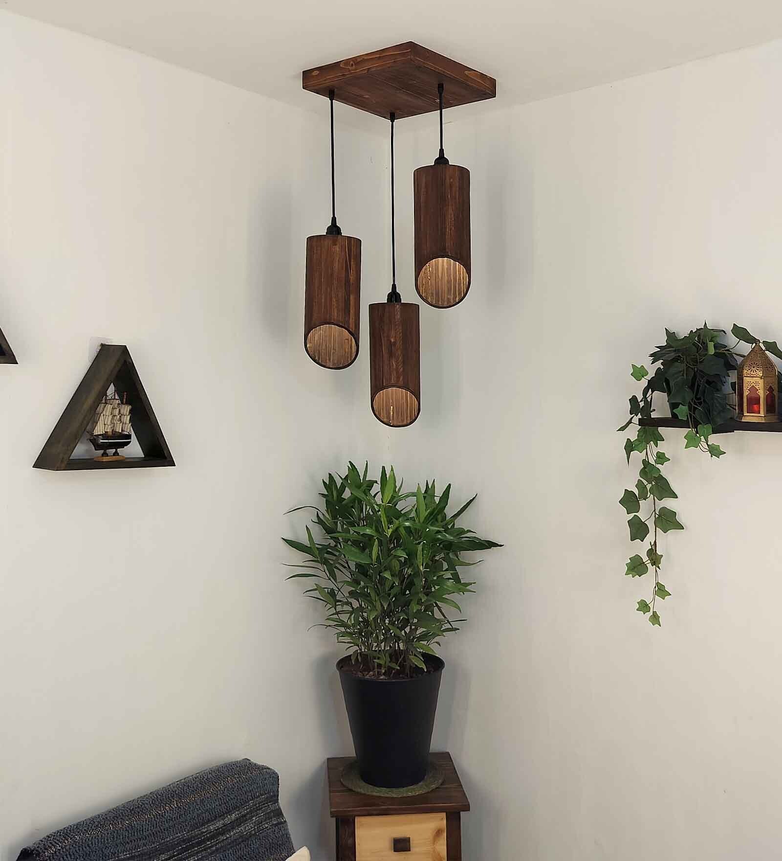 Cedar Brown Solid Wood Cluster Hanging Light
