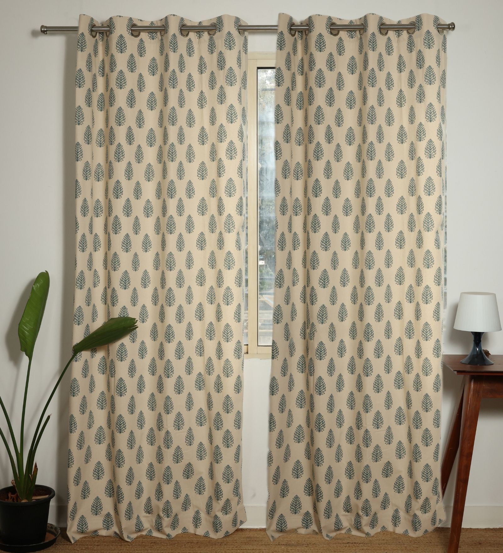 Cedar Cream & Blue Cotton 230 GSM  Ethnic 9 Feet Room Darkening Eyelet Long Door Curtains (2 Pc)