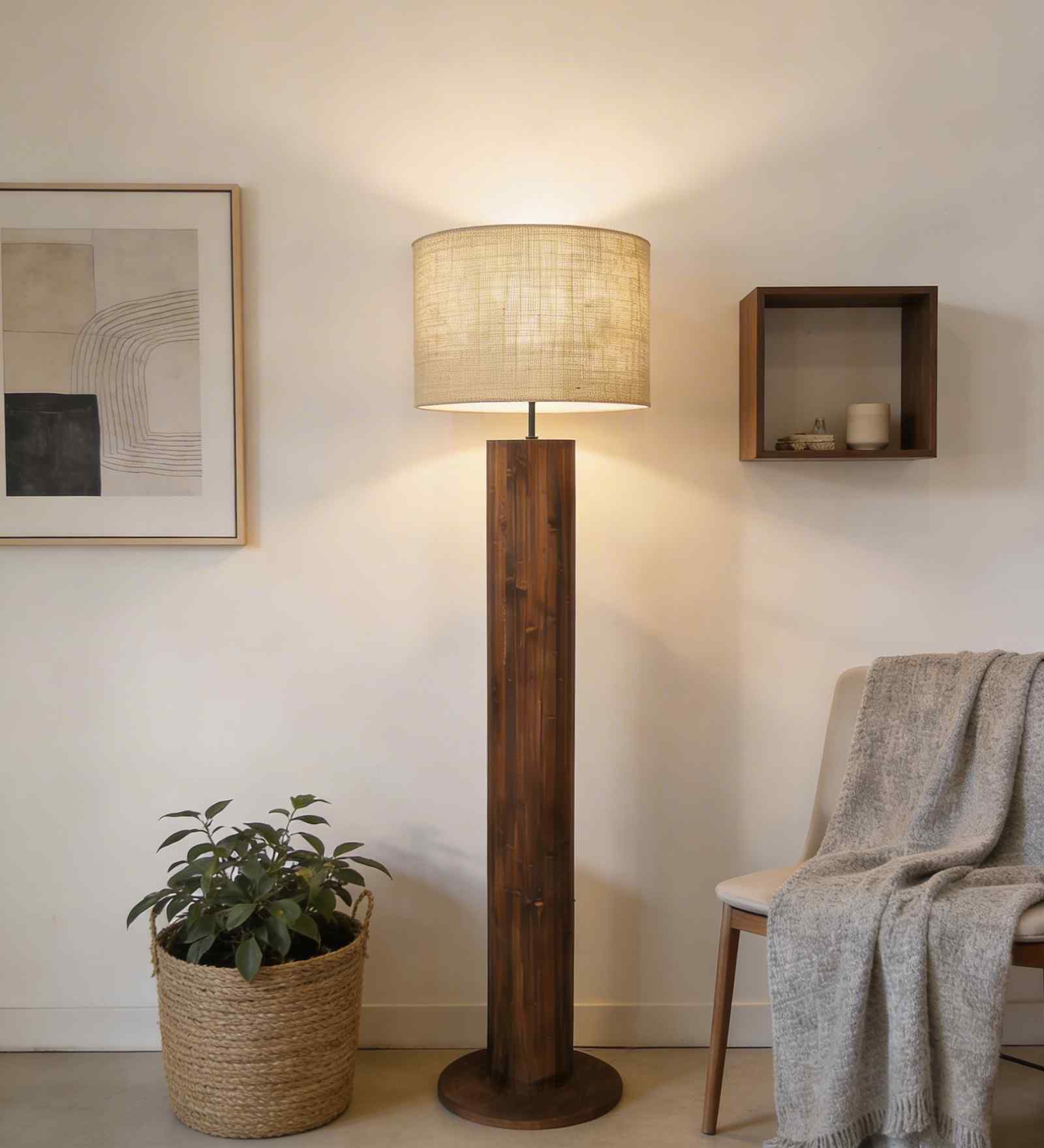 Cedar Wooden Floor Lamp with Jute Shade & Brown Base