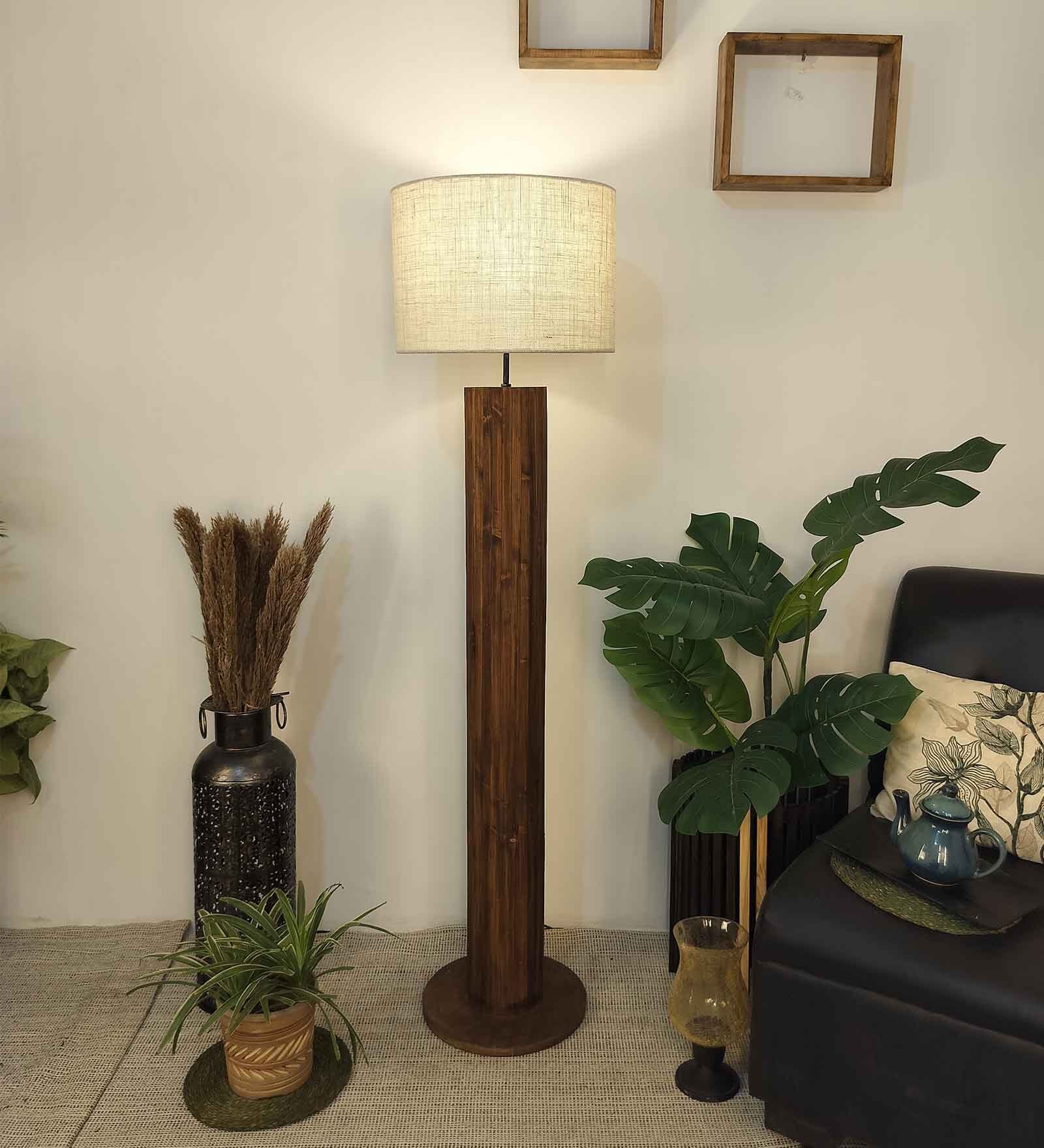Cedar Wooden Floor Lamp with Jute Shade & Brown Base