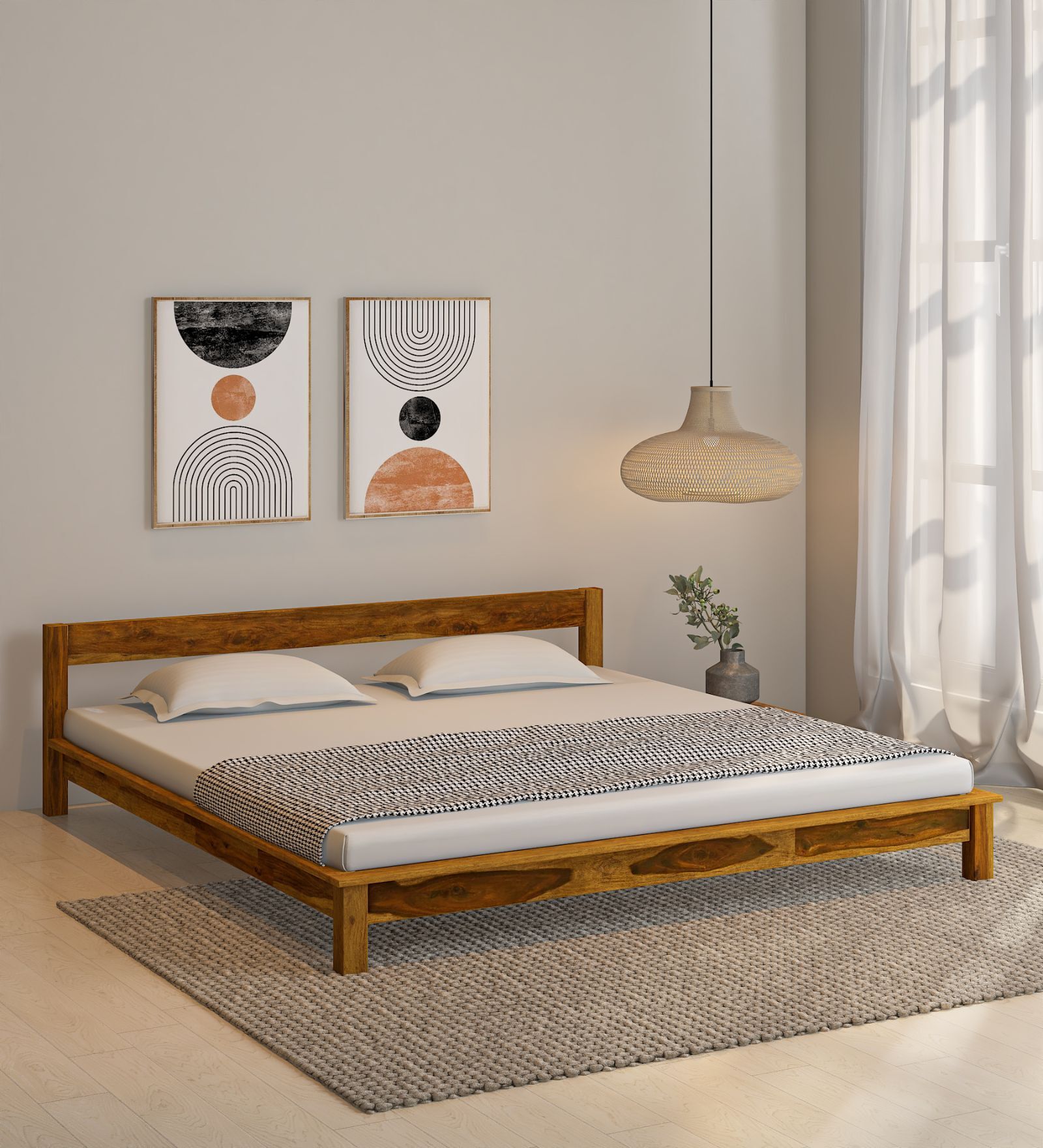 Cedro Sheesham Wood Queen Size Bed In Scratch Resistant Rustic Teak Finish