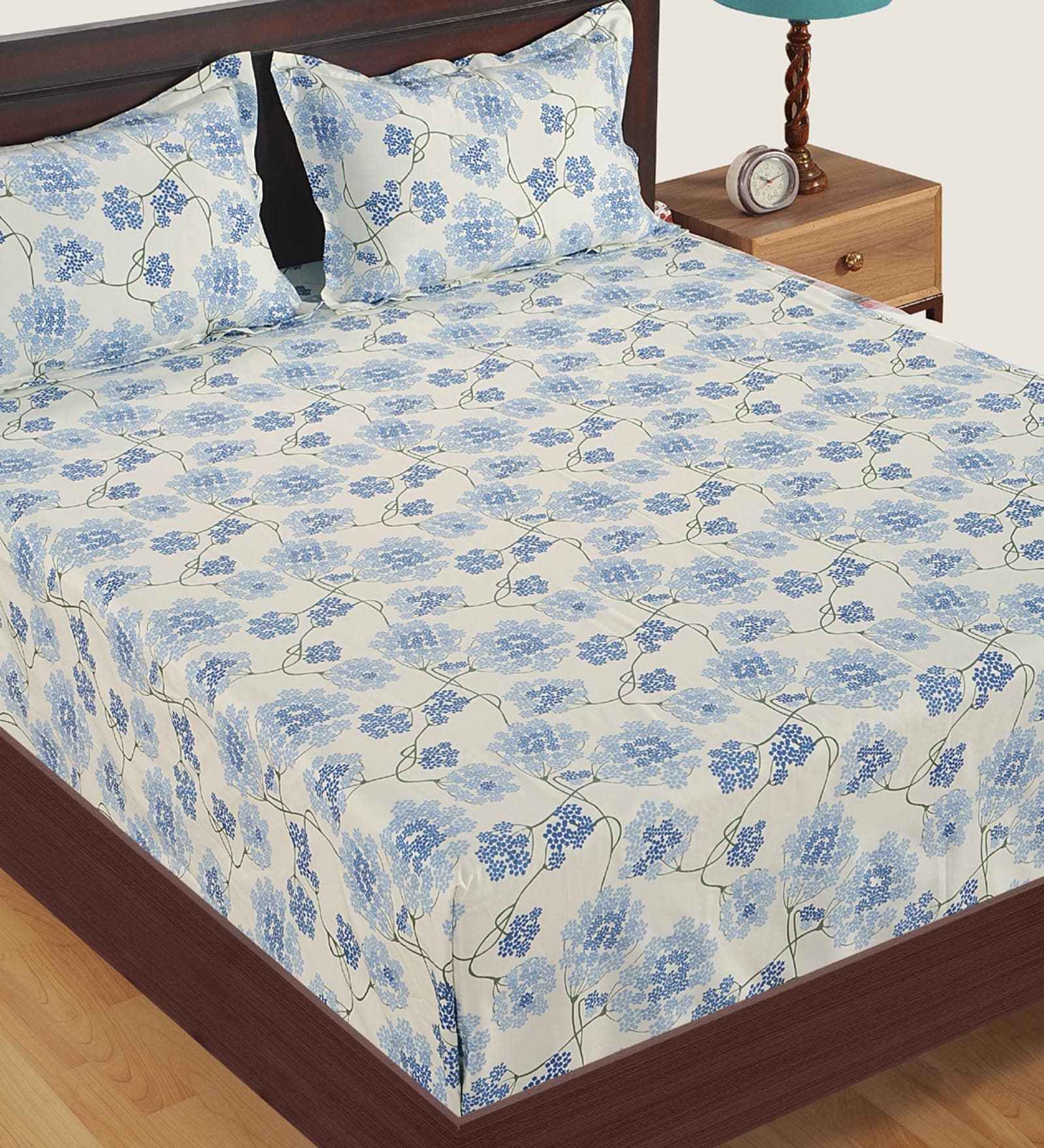 Off White & Blue Floral 300 TC Cotton Double Size Bedsheet With 2 Pillow Covers Celebrations Collection