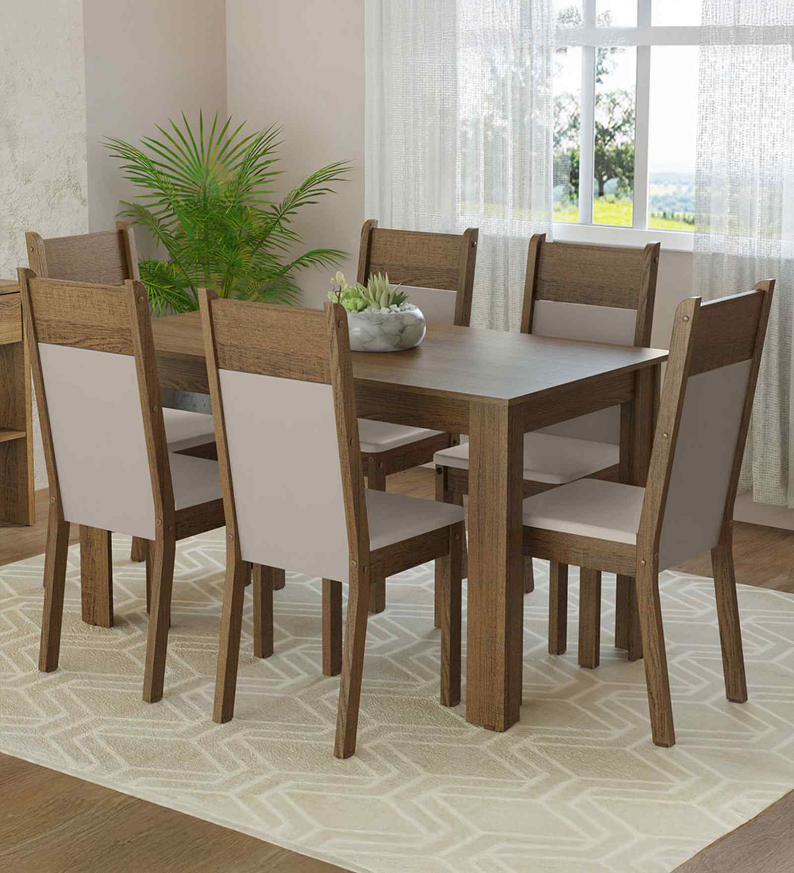 Celesta 6 Seater Dining Set With Cushioned Seats Rectangular Table Top In Brown & Beige Colour